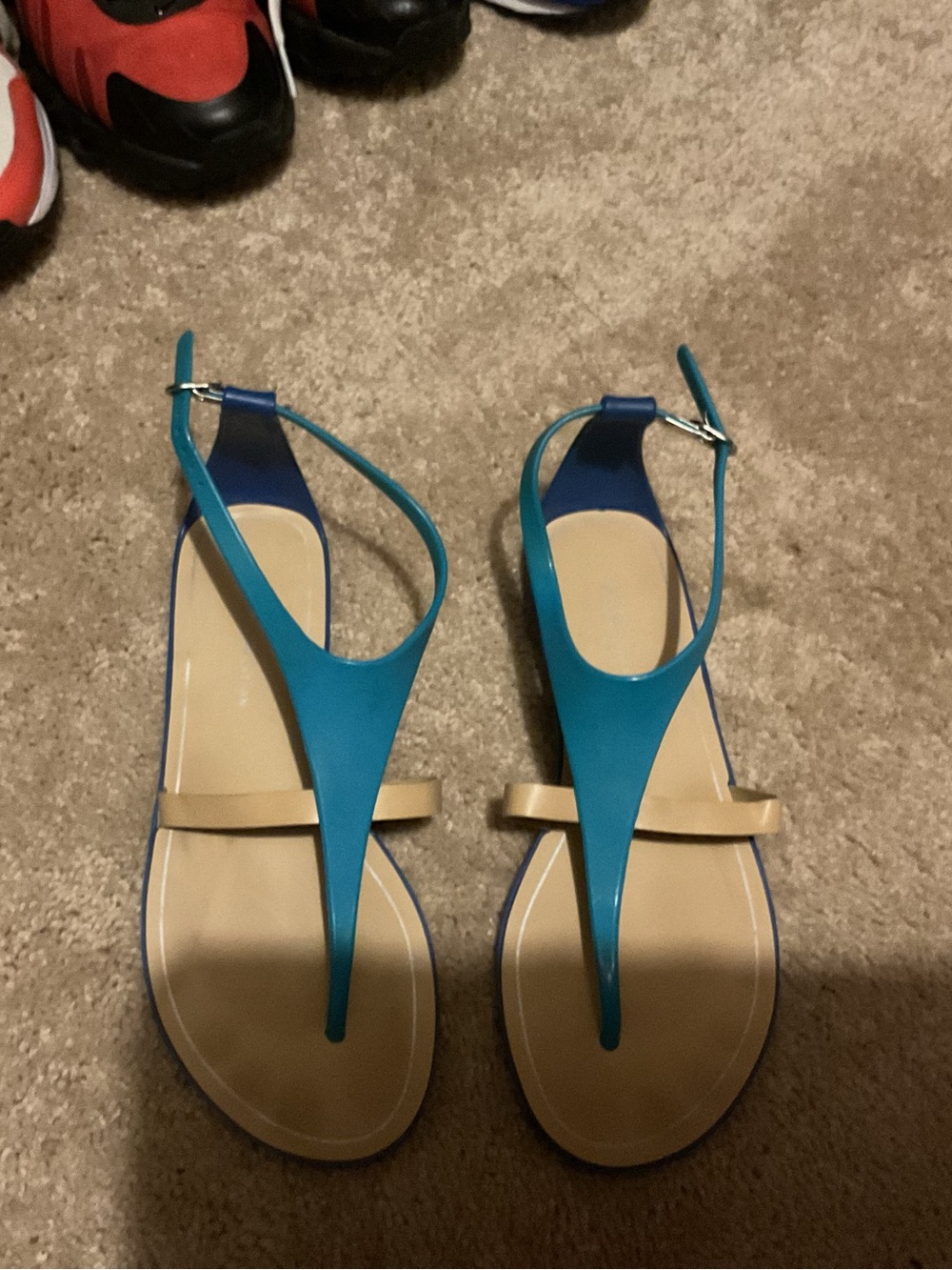 BCBGeneration Teal and Beige T-Strap Sandals